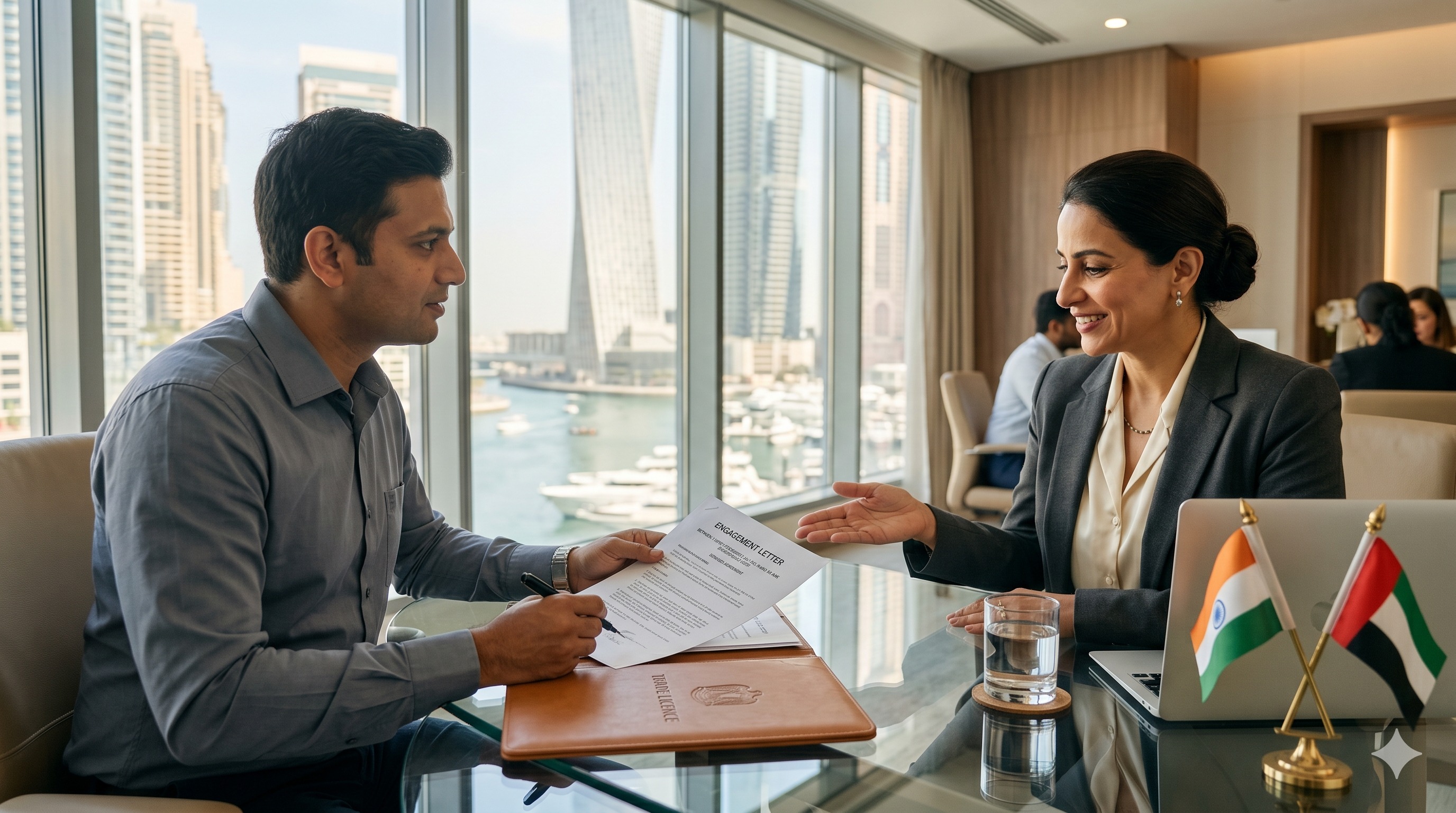 Indian investor holding new UAE Golden Visa residence card with Dubai property keys and apartment view of Marina — 2026