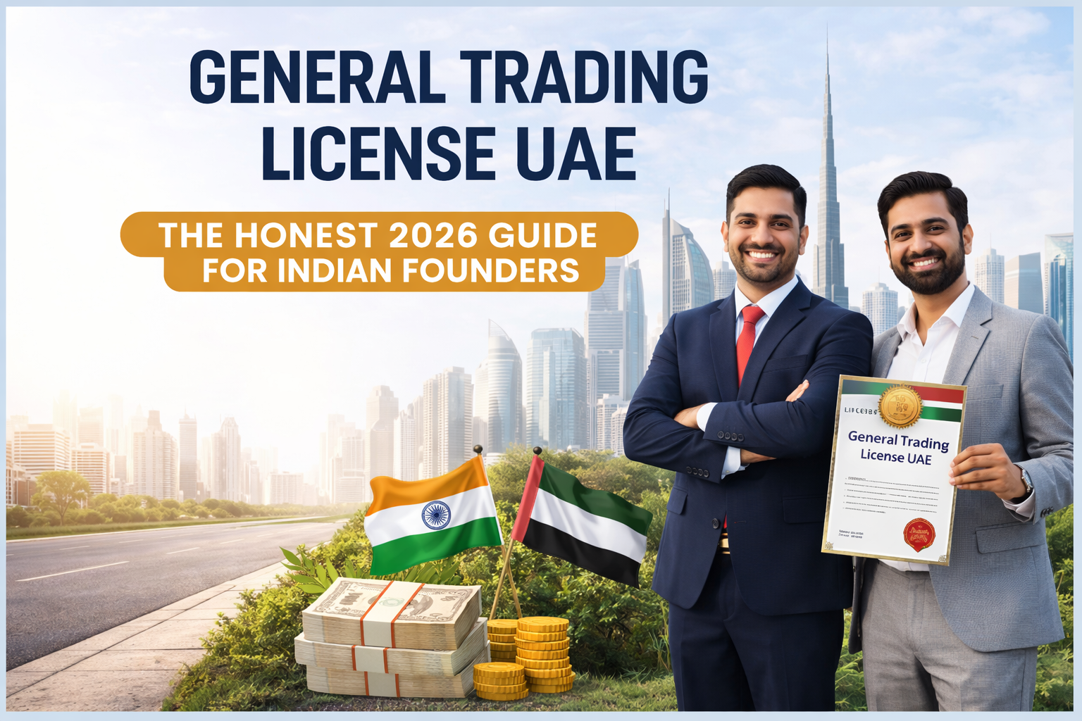 Indian investor holding new UAE Golden Visa residence card with Dubai property keys and apartment view of Marina — 2026