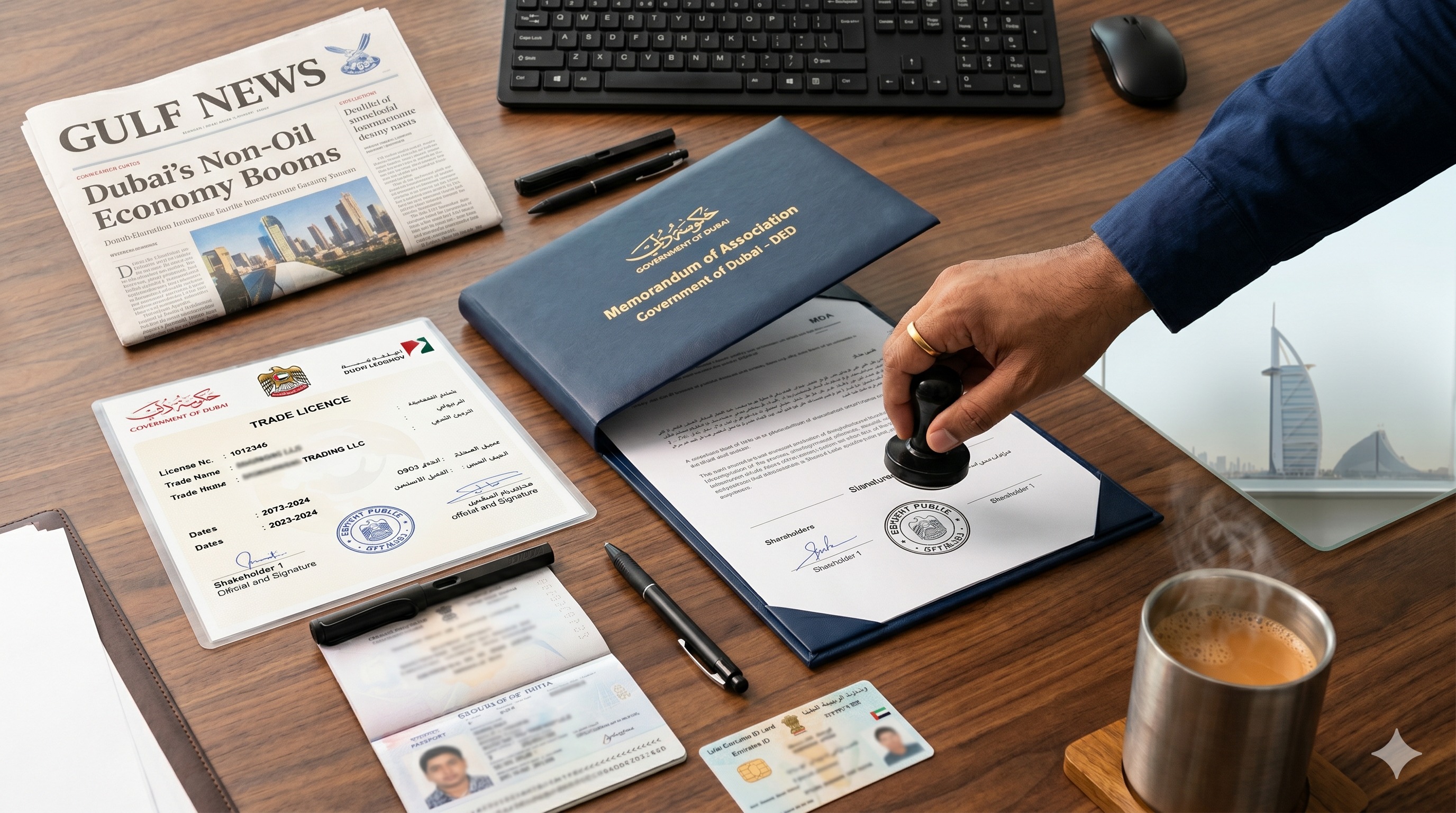 Indian investor holding new UAE Golden Visa residence card with Dubai property keys and apartment view of Marina — 2026