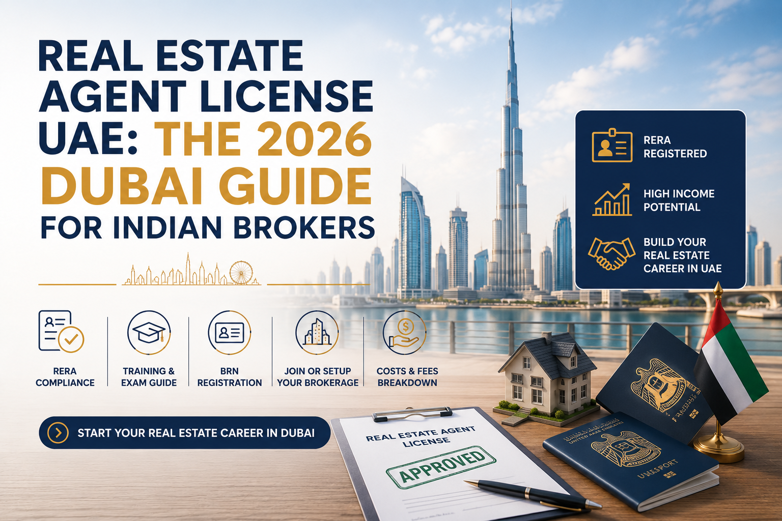 Indian investor holding new UAE Golden Visa residence card with Dubai property keys and apartment view of Marina â€” 2026