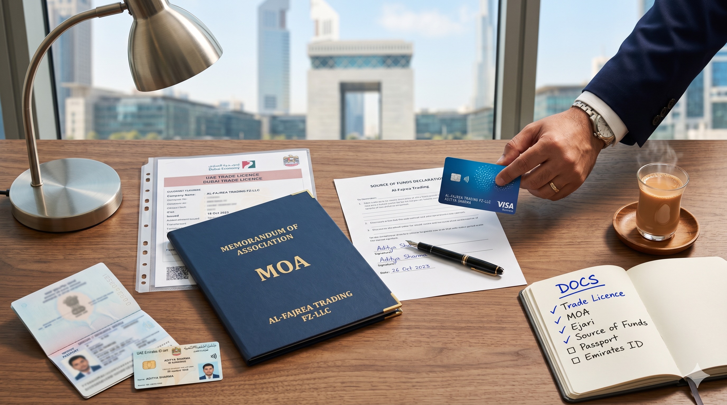 Indian investor holding new UAE Golden Visa residence card with Dubai property keys and apartment view of Marina — 2026